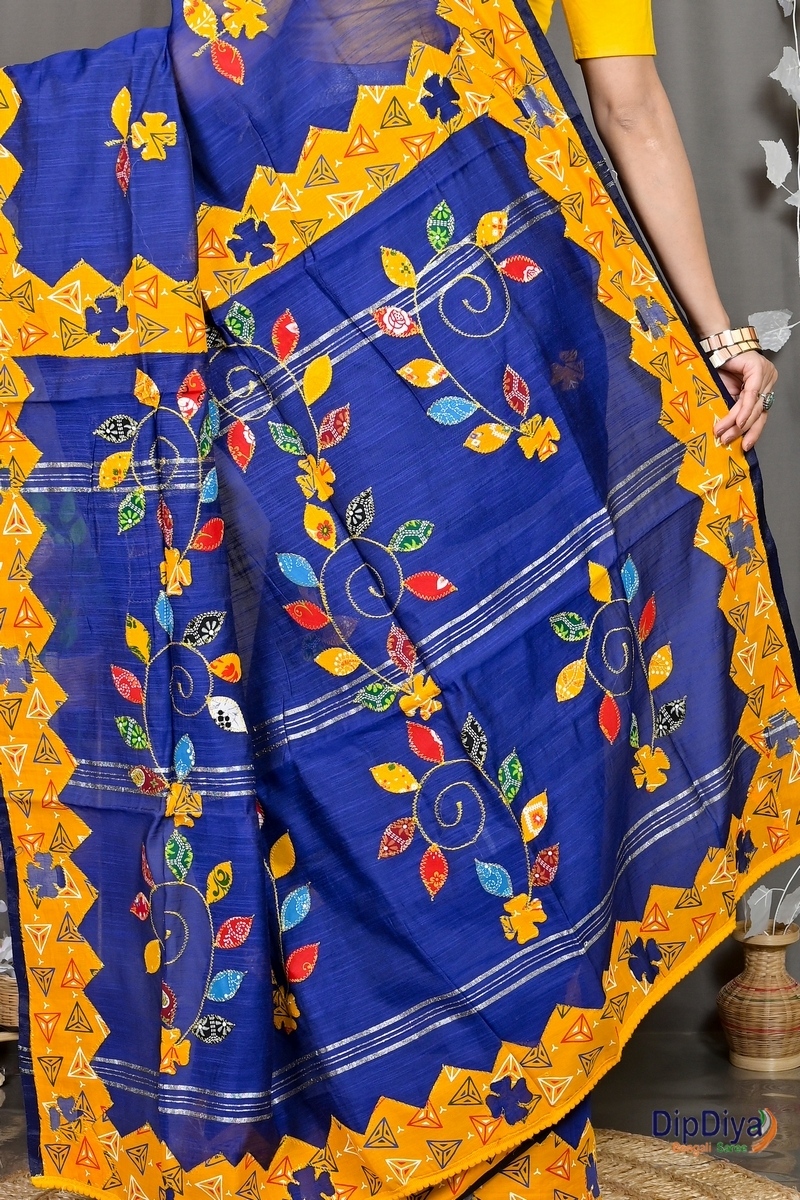 Blue Cotton Blended Parik Applique Saree (332)